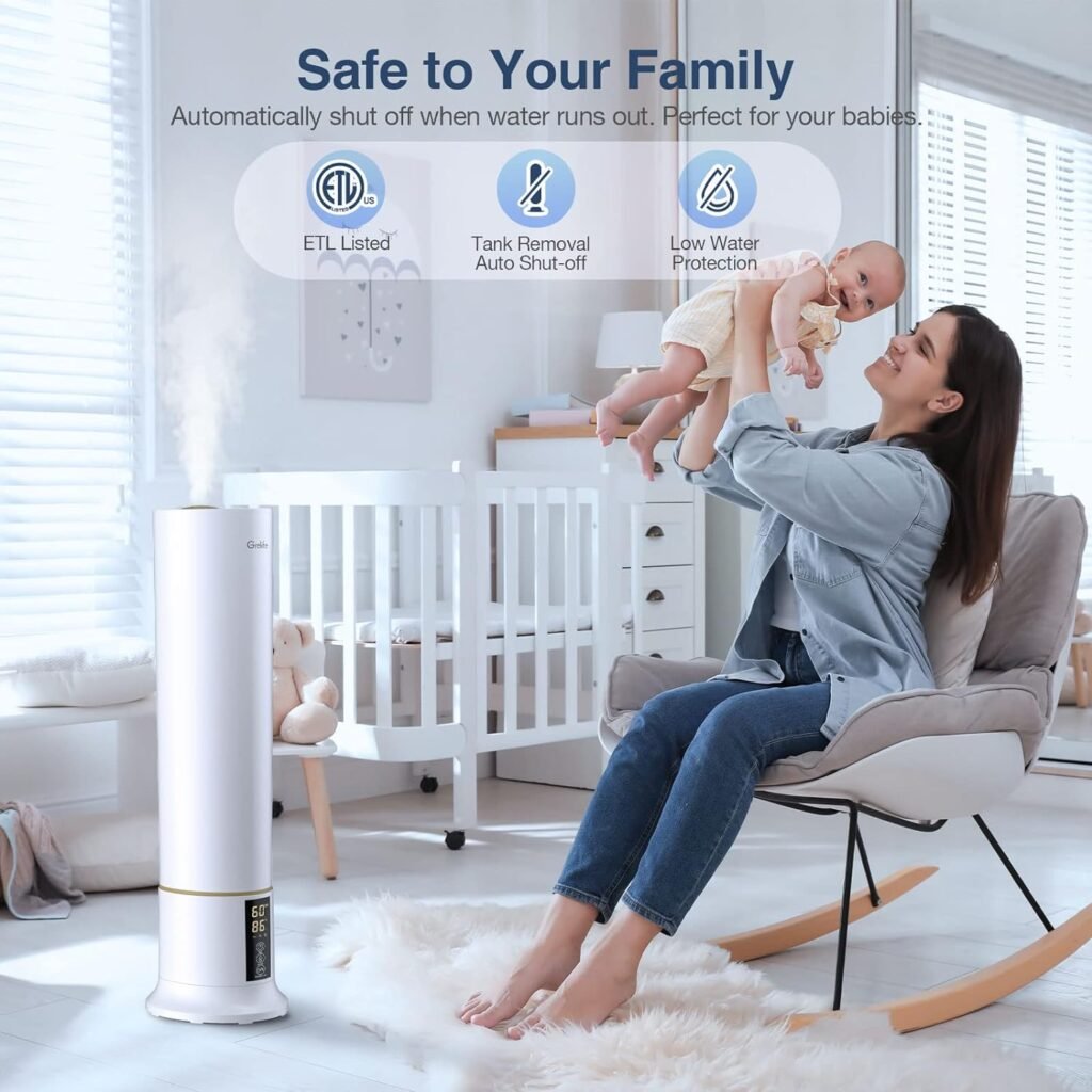 Grelife 9L Large Humidifiers for Bedroom Large Room, Ultrasonic Cool Mist Top Fill Humidifier with 3 Mist Speed, Remote, Quiet Tower Humidifier for Baby Kids Adults Home School Office Plants