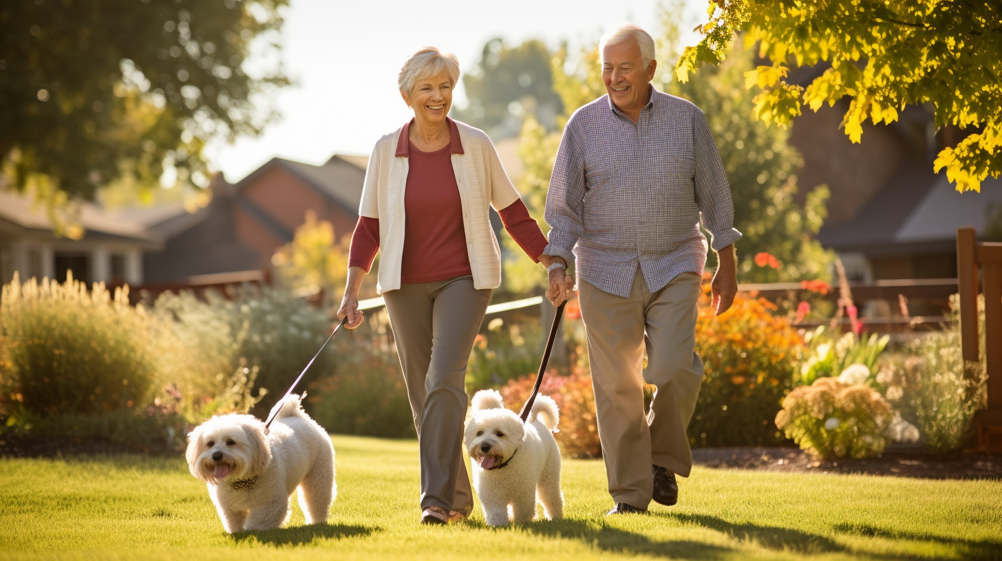 elder man and woman walking their dogs