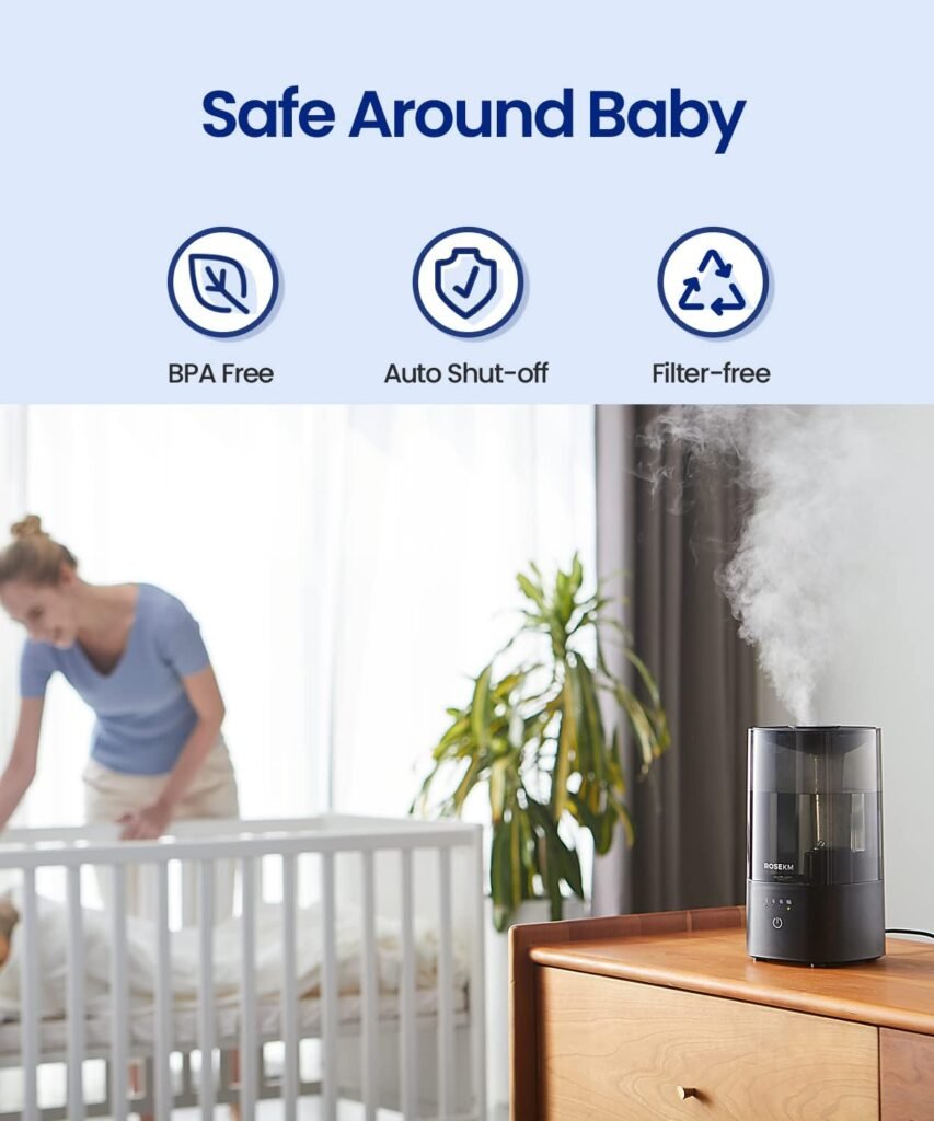 ROSEKM Humidifiers for Bedroom, Cool Mist Humidifier for Home Plant and Baby Nursery, Quiet Ultrasonic Humidifier with 360° Nozzle, Auto Shut-Off, Filterless, Black