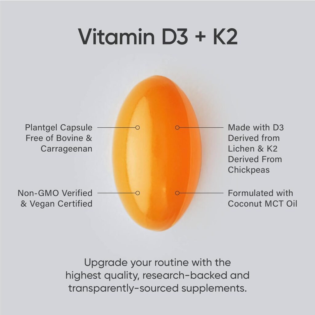 Sports Research Vitamin D3 K2 with 5000iu of Vegan D3  100mcg of Vitamin K2 as MK7 | Non-GMO Verified, Vegan Certified, Gluten  Soy Free - 60 Liquid Softgels