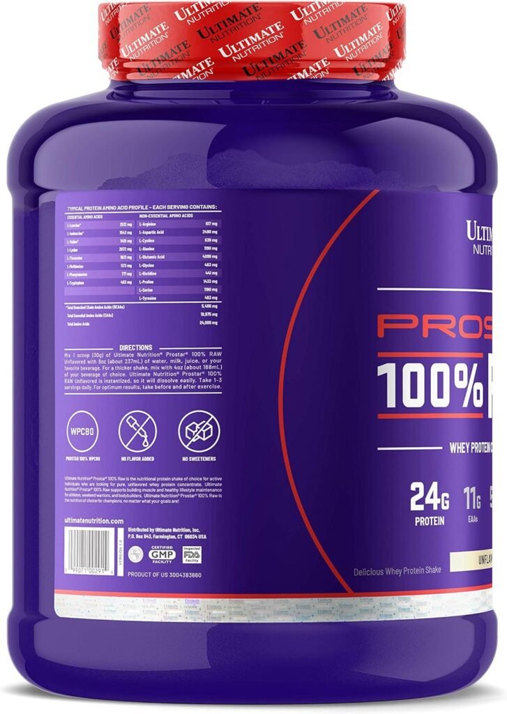 Ultimate Nutrition Prostar Raw Whey Protein Concentrate Powder, Low Carb, Low Fat, Keto Friendly, 24 Grams of Protein Per Serving with 5.5 Grams of BCAAs,Unflavored, 67 Servings, 4.4 Pounds